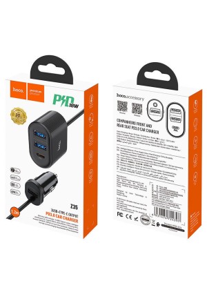 Hoco Z35 Fast Charging Car Charger with Ports: 3xUSB 1xType-C with Cable Built-in Color: Black