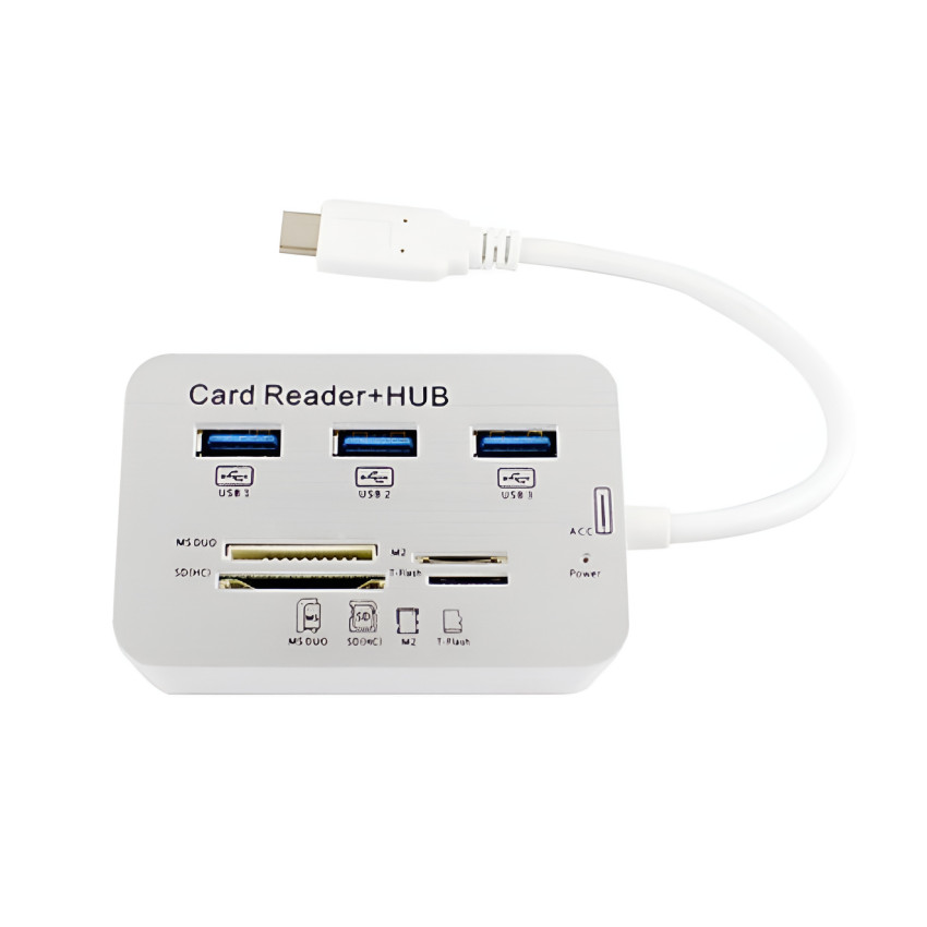 Card Reader + Hub 3 Θυρών με Σύνδεση Type-C - Χρώμα: Άσπρο