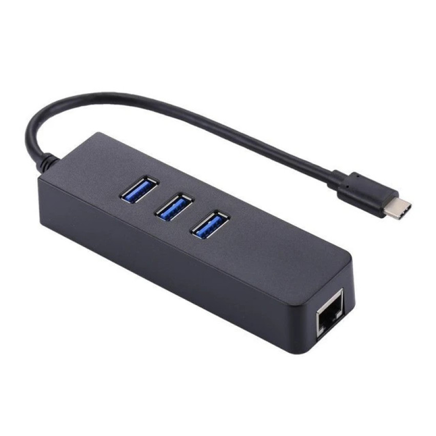 Αντάπτορας USB 3.0 Type-C HUB 3 Port με RJ45 Gigabit Ethernet - Χρώμα: Μαύρο