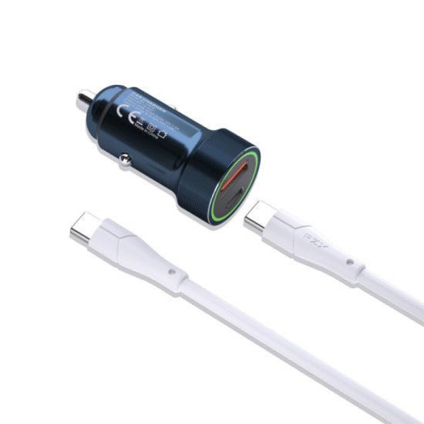 PZX C916 Φορτιστής για Αυτοκίνητο με 1 Θύρα USB + 1 Θύρα Type-C & Καλώδιο Type-C σε Type-C - Χρώμα: Μπλε