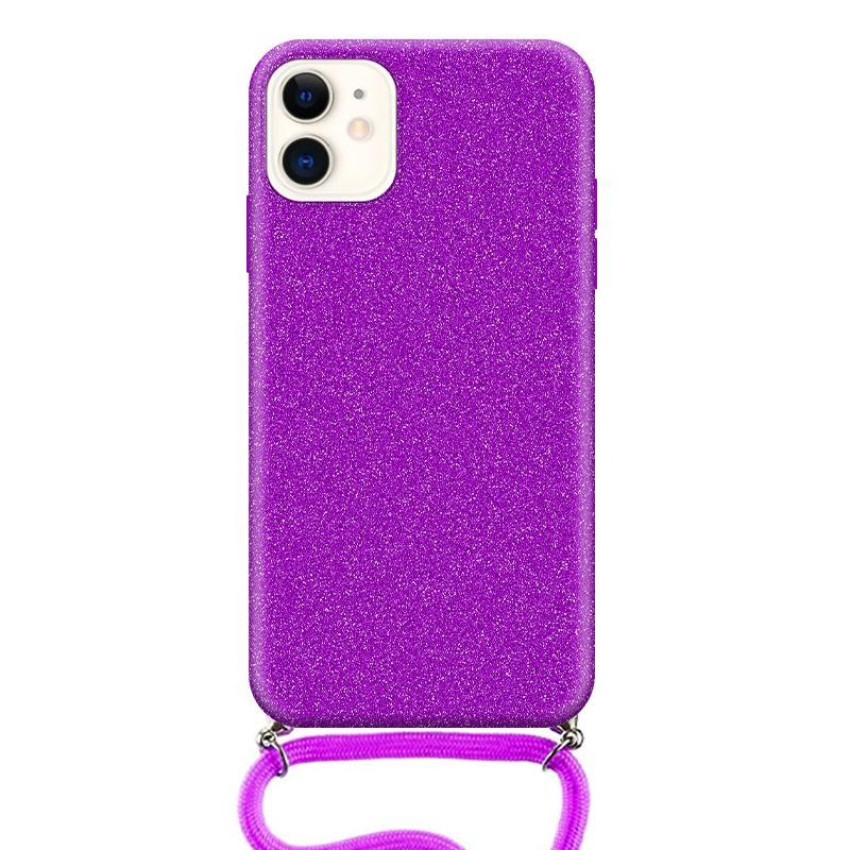 Θήκη Πλάτης Σιλικόνης με Λουράκι & Glitter για Apple iPhone 13 Pro - Χρώμα: Μωβ