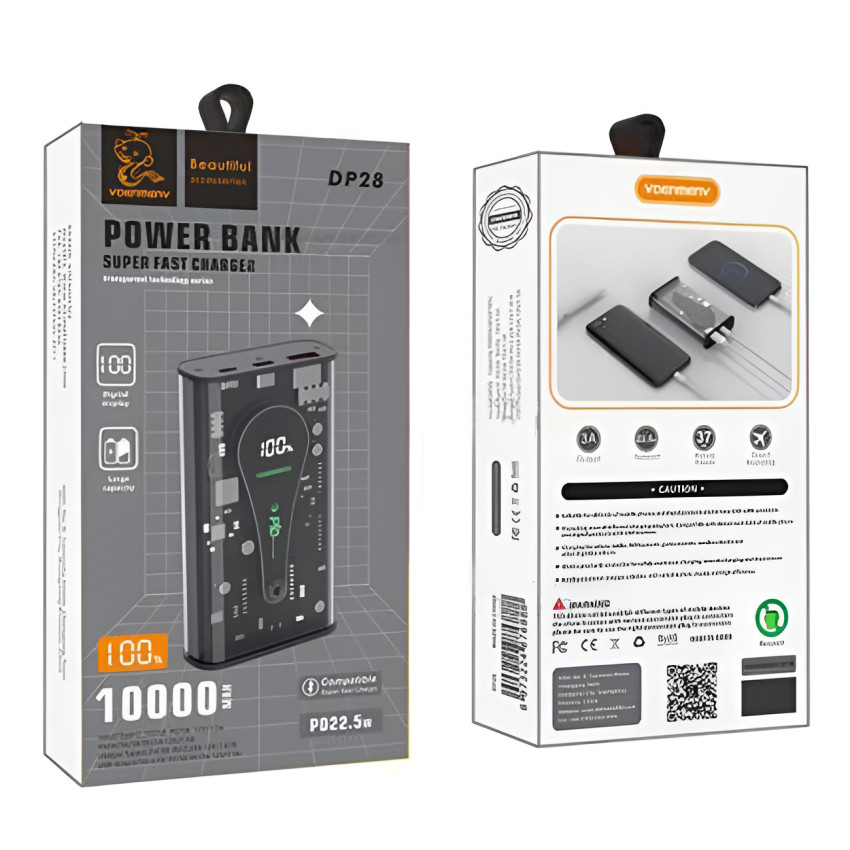 VDENMENV DP28 PowerBank 10000mAh PD22,5W Γρήγορης Φόρτισης 1x Θύρες USB-A Και 2x Θύρες Type-C - Χρώμα: Μαύρο