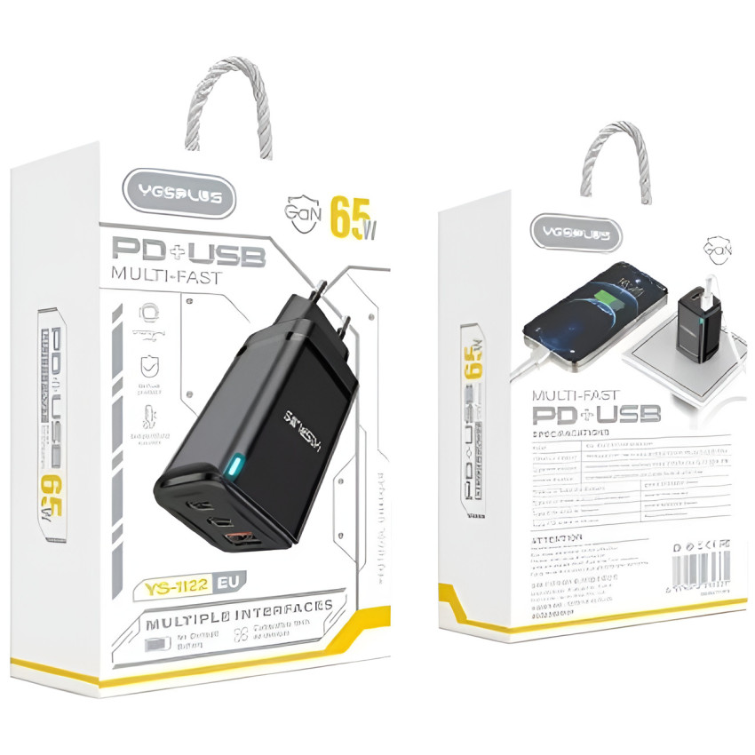 YESPLUS YS-1122 Φορτιστής PD 65W 3X USB Γρήγορης Φόρτισης με Υποδοχή USB-A & 2x Type-C - Χρώμα: Μαύρο