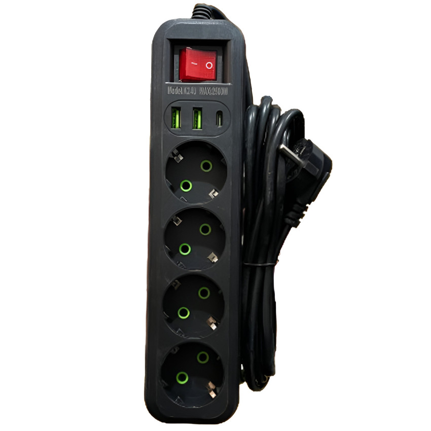 Πολύμπριζο Power Supply με 4x Πρίζες Διακόπτη, 2x USB Θύρες, 1x Type-C Θύρα & ON / OFF K24U - Χρώμα: Μαύρο