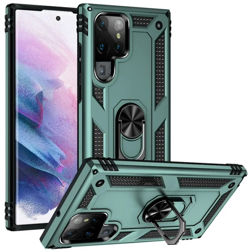 Σκληρή Θήκη Πλάτης Armor με Βάση Στήριξης για Samsung Galaxy S23 Ultra - Χρώμα: Σκούρο Πράσινο