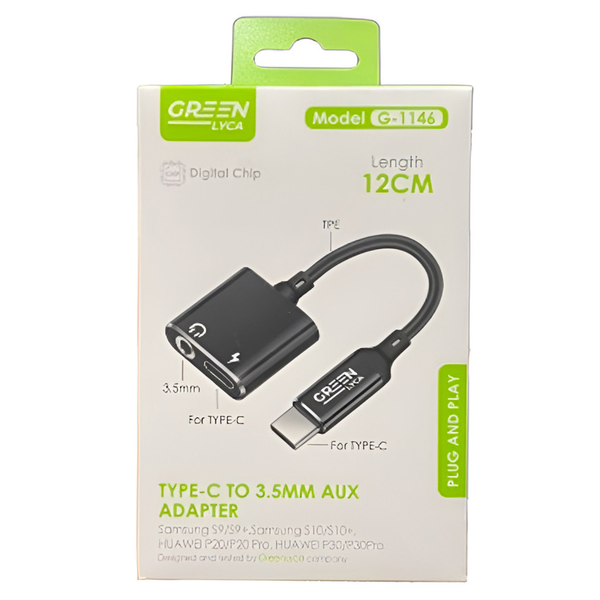 GREEN LYCA G-1146 Αντάπτορας Type-C Male σε 3.5mm Audio Jack Female & Type-C Female 12cm - Χρώμα: Μαύρο