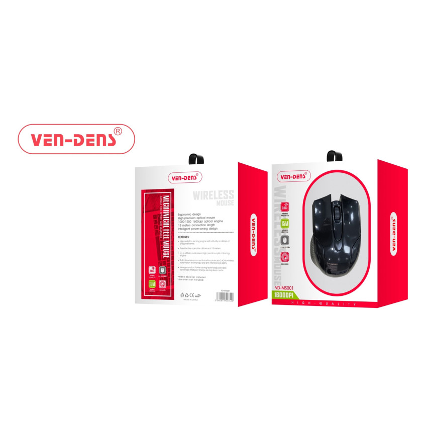 VEN-DENS VD-MS001 Ασύρματο Ποντίκι με USB Δέκτη 2.4GHz 1600dpi με Απόσταση Λειτουργίας έως 15 Μέτρα - Χρώμα: Μαύρο