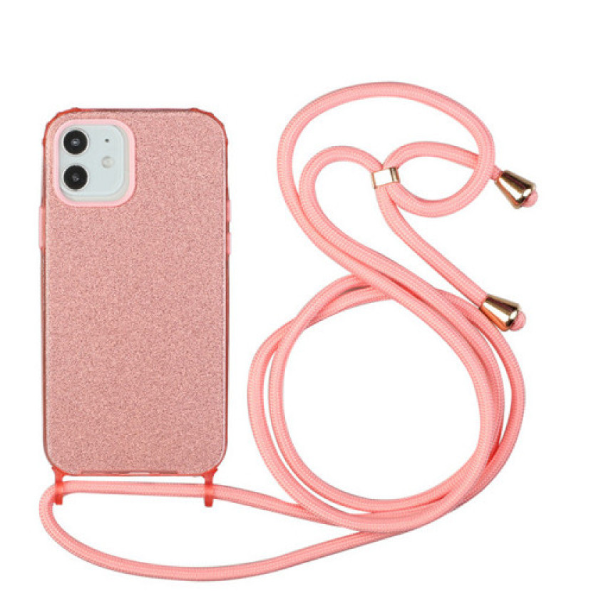 Θήκη Πλάτης Σιλικόνης με Λουράκι & Glitter για Apple iPhone 13 Pro - Χρώμα: Ροζ