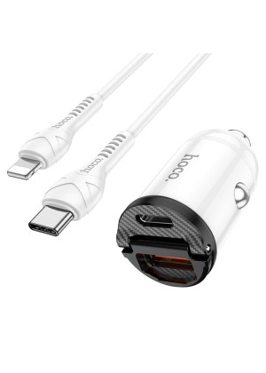 Hoco NZ2 Quick Charge 3A Total Current Car Charger with Ports: 1xUSB 1xType-C and Type-c to Lightning Cable Color: White