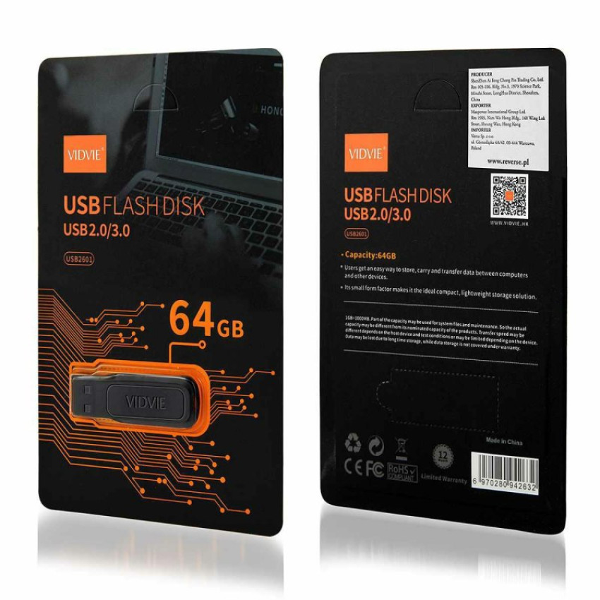 VIDVIE USB2601 Driver USB 2.0 3.0 Flash Disk Pendrive 64GB - Χρώμα: Μαύρο