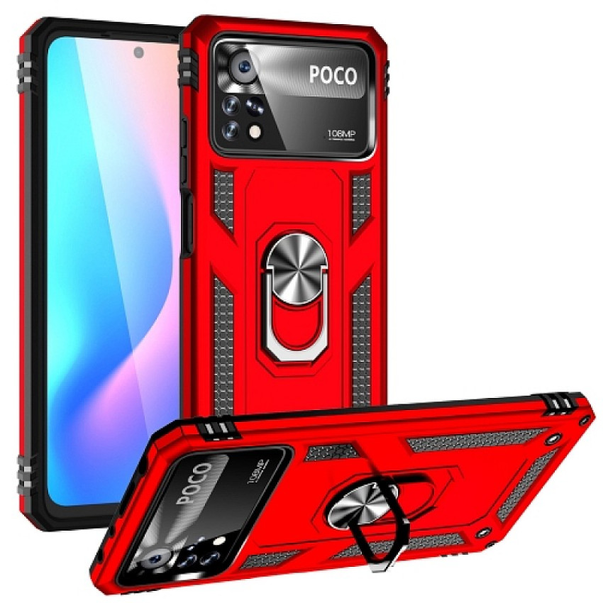 Σκληρή Θήκη Πλάτης Armor με Βάση Στήριξης για Xiaomi Poco X4 Pro 5G - Χρώμα: Κόκκινο