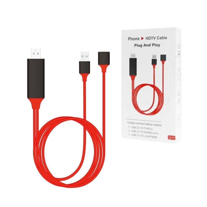 Καλώδιο ET-S8 3 σε 1 Micro USB/Type-C/Lightning Phone to HDTV Adapter Cable 1m - Χρώμα: Κόκκινο