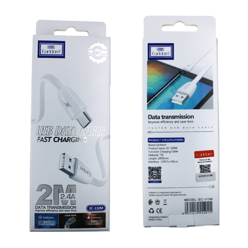 Earldom EC-110M Καλώδιο Γρήγορης Φόρτισης Micro-USB 2.4Α 2M - Χρώμα: Λευκό