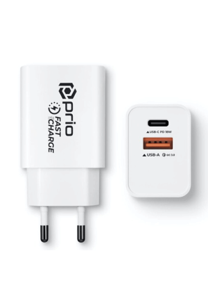 Prion Fast Charge Wall Charger 18W PD(USB-C)+QC 3.0(USB-A) 3.0Α- Color: White