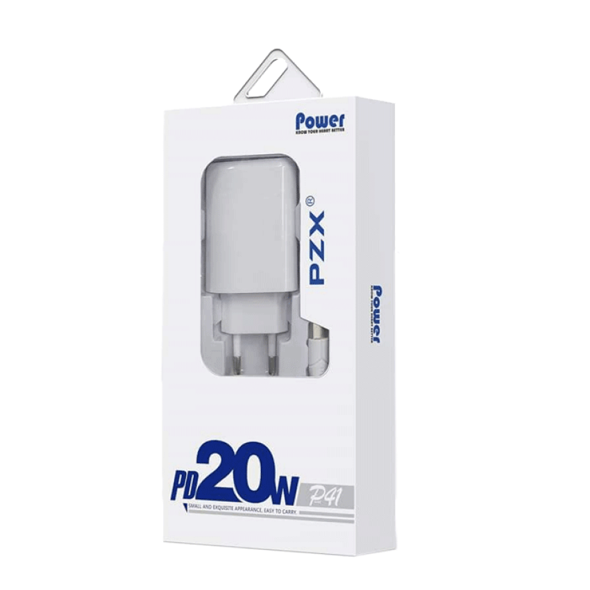 PZX P41 Φορτιστής SmartPhone με 1 θύρα Type-C και Καλώδιο Type-C σε Lightning 20W -Χρώμα: Λευκό