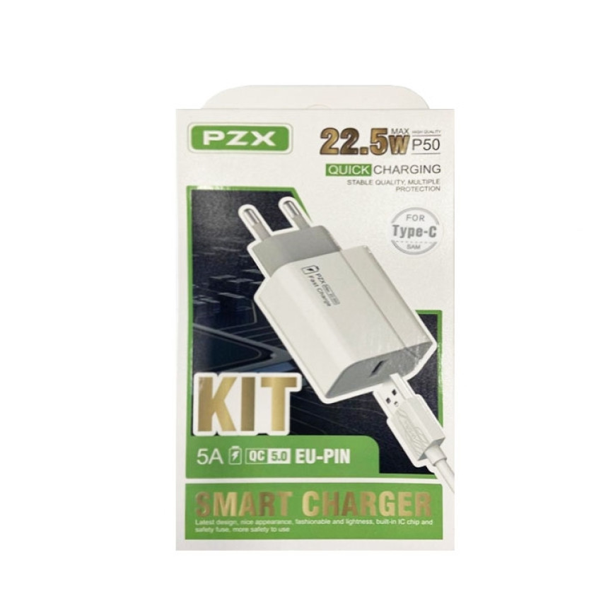 PZX P50 Φορτιστής με Θύρα USB & Καλώδιο USB-A σε Type-C - Χρώμα: Λευκό
