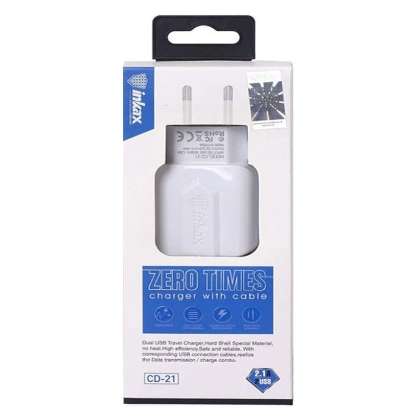 inkax- CD-21 Φορτιστής με 2 usb θυρές USB 2.1A / Micro USB Cable - Χρώμα: Λεύκο