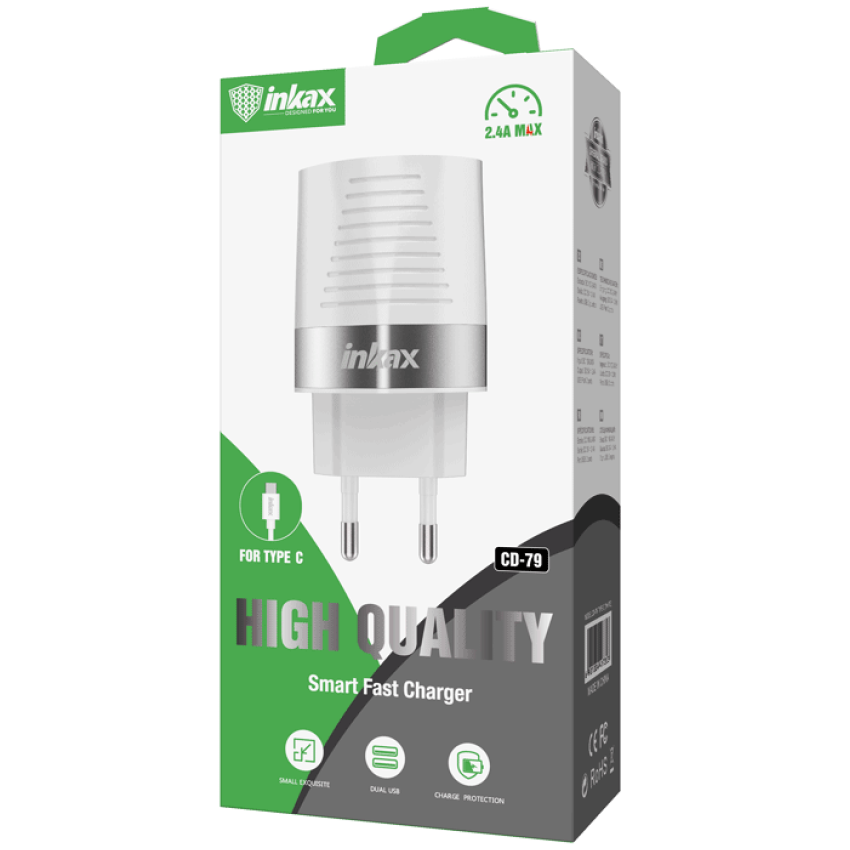 Inkax Φορτιστής με 2 Θύρες USB-A και Καλώδιο Type-C (CD-79) - Χρώμα: Λευκό