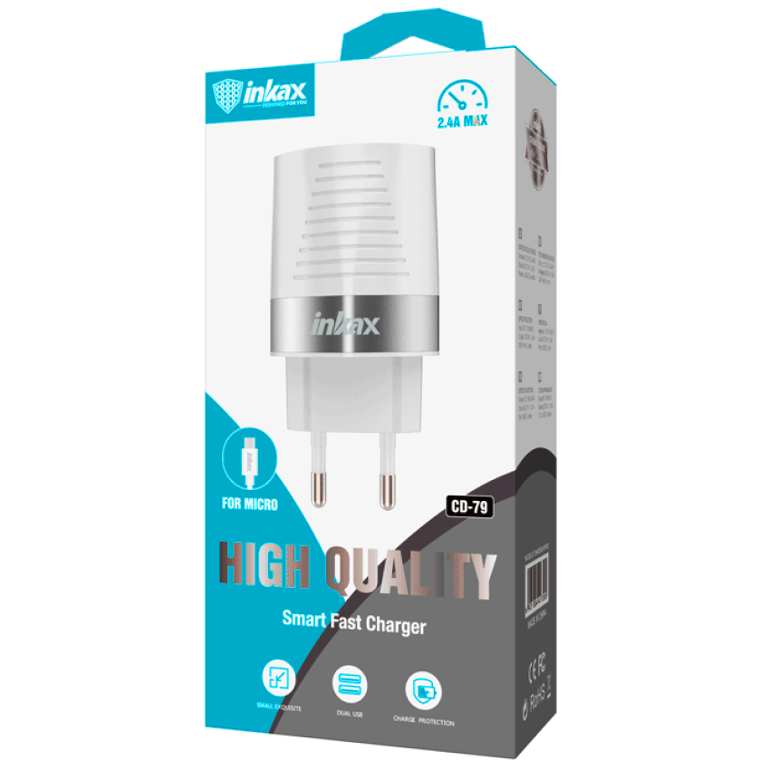 Inkax Φορτιστής με 2 Θύρες USB-A και Καλώδιο micro USB (CD-79) - Χρώμα: Λευκό
