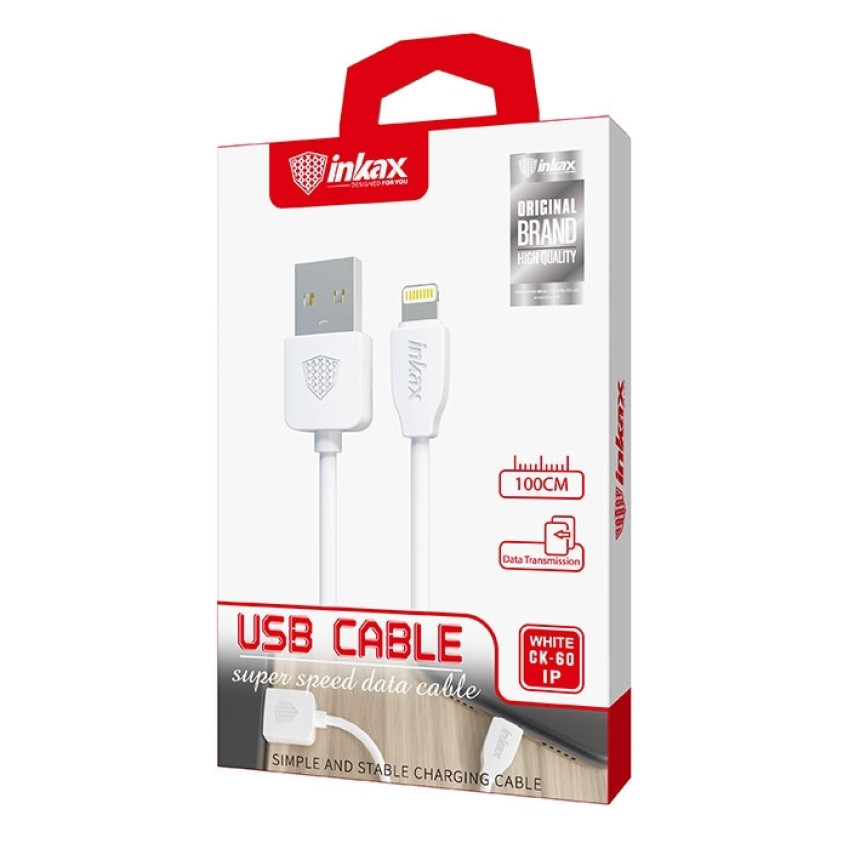 inkax- CK-60  Lightning USB 2.1Α Kαλώδιο Φόρτισης 1m - Χρώμα: Λευκό