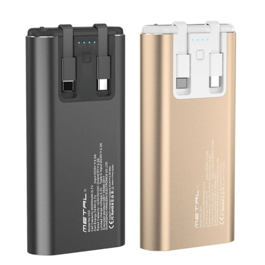 PZX V23 Power Bank 20000Mah με Διπλά Καλώδια Ενσωματωμένα σε Type C και Lightning Cables - Χρώμα: Μαύρο