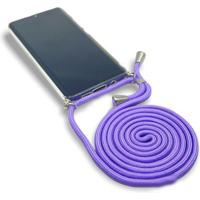 Θήκη Πλάτης Σιλικόνης με Μωβ Λουράκι για Apple iPhone 14 Plus - Χρώμα: Διάφανο