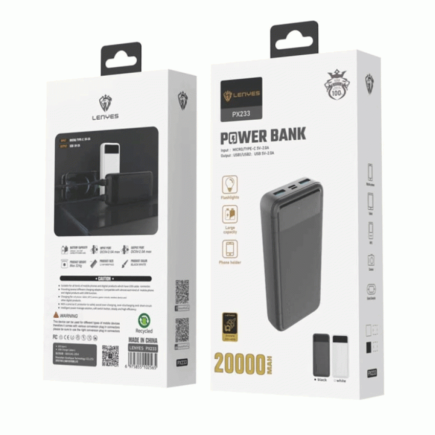 Lenyes Power bank PX-233 20.000mAh Portable - Χρώμα: Μαύρο