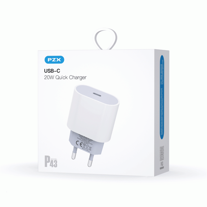 PZX P43 Super Fast Charging Φορτιστής SmartPhone με Καλώδιο Type-C σε Type-C & 1 Θύρα Type-C 20W - Χρώμα: Λευκό