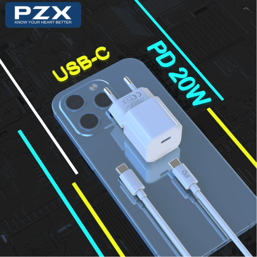 PZX P45 PD Fast Charging Φορτιστής SmartPhone με 1 Θύρα Type-C & Καλώδιο Type-C σε Type-C 20W - Χρώμα: Λευκό
