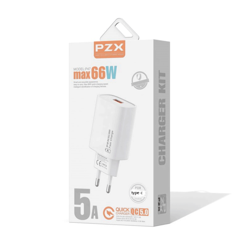 PZX P47 5A Fast Charging Φορτιστής SmartPhone με 1 θύρα Type-C & Καλώδιο USB-A σε Type-C 66W - Χρώμα: Λευκό