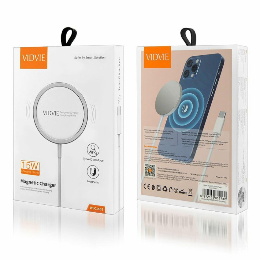 VIDVIE WLC1405 Ασύρματος Φορτιστής 15W & Καλώδιο USB-C - Χρώμα: Ασημί