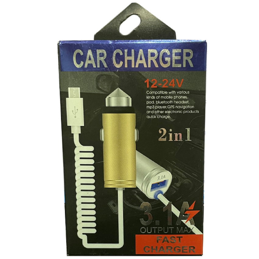Φορτιστής Αυτοκινήτου Φούξια με 1x USB Fast Charging 3.1A & Ενσωματωμένο Καλώδιο Micro USB 1m - Χρώμα: Άσπρο